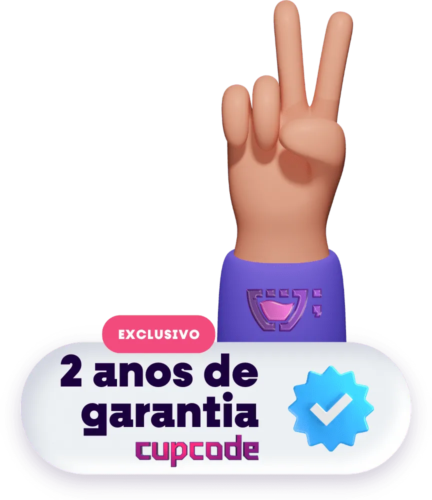um selo com um ícone de verificado azul, com os dizeres: Exclusivo: Dois anos de garantia - Cupcode, em cima do selo uma mão fazendo sinal de Paz e Amor, na manga da blusa roxa, tem um logotipo da Cupcode.