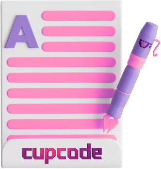 Uma folha branca com tons rosa da Cupcode com uma caneta e uma assinatura da Cupcode.