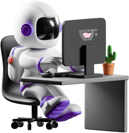Um astronaura em uma sentado em uma cadeira com uma mesa com um computador em cima com a logo da cupcode