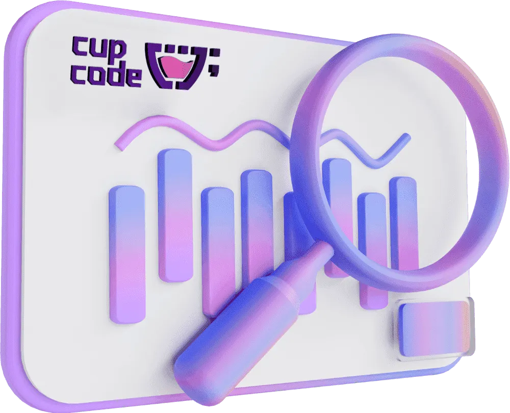 O logo da Cupcode em um gráfico com uma lupa.