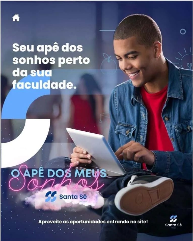 Postagem do Instagram da Santa Sé Imóveis com um jovem sorridente usando um tablet e texto 'Seu apê dos sonhos perto da sua faculdade', promovendo a proximidade com a educação superior.