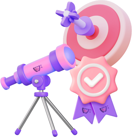 Ícone 'Missão, Visão e Valores' da Cupcode em 3D: um telescópio rosa com detalhes roxos, um alvo em tons de rosa com um dardo roxo no centro, e uma etiqueta de 'aprovado' em rosa, representando a precisão e o comprometimento da Cupcode com seus princípios.