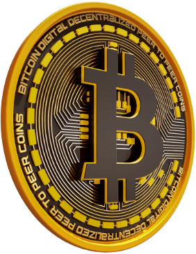 Uma representação de uma moeda física de Bitcoin, dourada e com circuitos eletrônicos dentro dela.