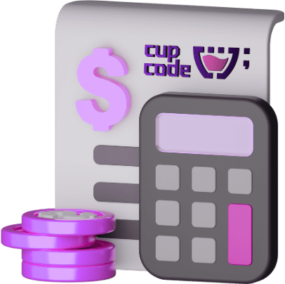 Uma fatura com o logotipo da Cupcode, um simbolo de sifrão, quatro moedas roxas na frente e uma calculadora.