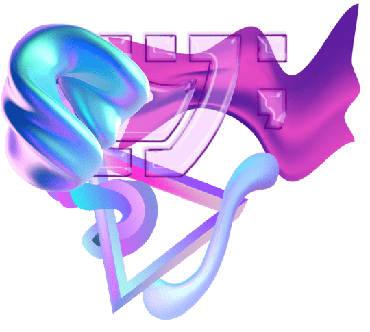 Ícone 'Elementos Gráficos' da Cupcode: logotipo da Cupcode cercado por vários elementos visuais, incluindo uma ondulação rosa, outra azul e um triângulo com degradê de rosa para roxo, representando a diversidade de elementos criativos desenvolvidos junto à marca.