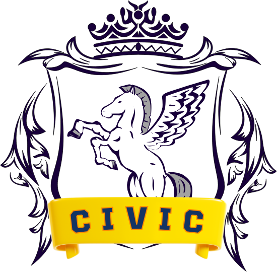 Um brasão em vetor, em lineart, com ornamentos ao redor, e uma coroa no topo do escudo, um cavalo de asas no centro do escudo, um banner amarelo em baixo, em 3D com a escrita: 