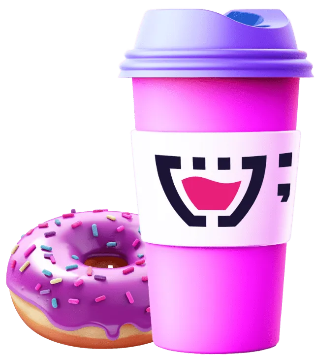 Copo de café descartável, rosa com tampa roxa e protetor de mão branco com o logotipo da Cupcode. Um donut com cobertura roxa e confeitos coloridos atrás do copo.