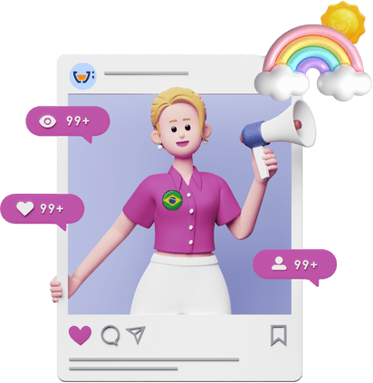 Ilustração 3D de uma personagem feminina representando a gestão de redes sociais da Cupcode Civic, com um megafone e ícones de coração, comentário e compartilhamento. Ao fundo, um design de interface social com símbolos de like, comentário e compartilhamento, e um arco-íris, destacando a interatividade e o engajamento direto com o eleitorado.