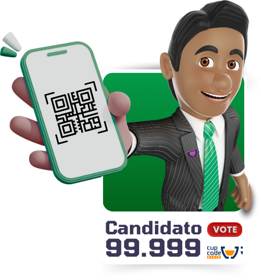 Material gráfico promocional da Cupcode Civic com caricatura 3D de um candidato sorridente, vestindo terno listrado e gravata verde, fazendo sinal de positivo. Ao fundo, o número do candidato