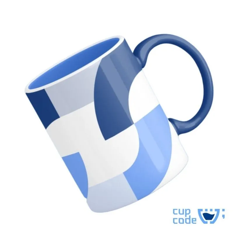 Caneca da Santa Sé Imóveis branca com a logo grande no meio, e elementos gráficos da marca.