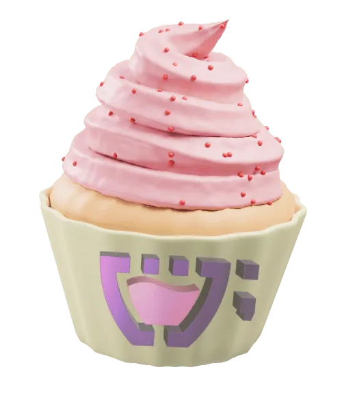 Cupcake com glacê rosa, confeitos vermelho, forminha verde e o Cupzinho na forma.