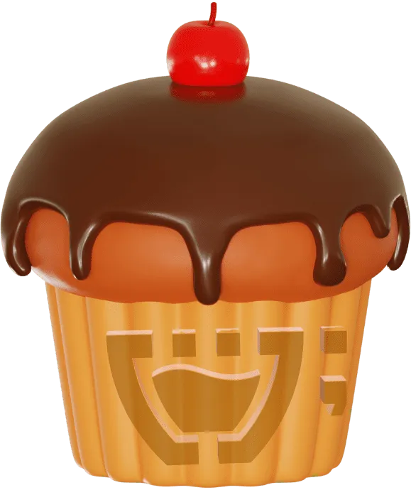Cupcake com cobertura de chocolate e uma cereja no topo. O chocolate está escorrendo por todos os lados. A forminha com o logotipo da Cupcode.