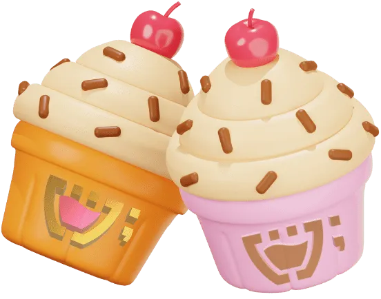 Dois cupcakes com glacê creme, chocolate granulado e cereja no topo. Um inclinado em direção ao outro. Suas forminhas sãode cores diferentes e possuí um Cupzinho dourado em cada.