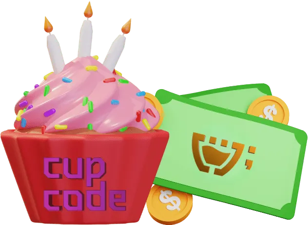 Um cupcake com glacê roxa, confeitos coloridos, forminha vermelha e com três velas. Atrás tem duas notas de dinheiro verde com o Cupzinho dourado no centro e três moedas entre as notas.