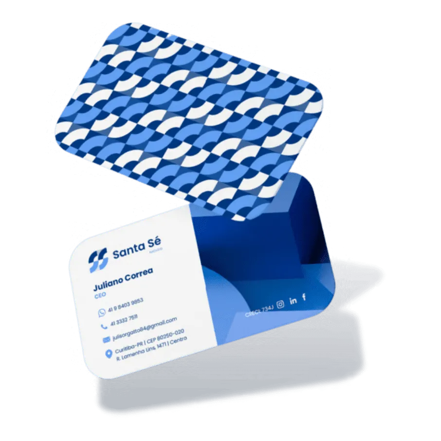 Cartão de visitas elegante da Santa Sé Imóveis, com um design distintivo que apresenta uma sequência de logos