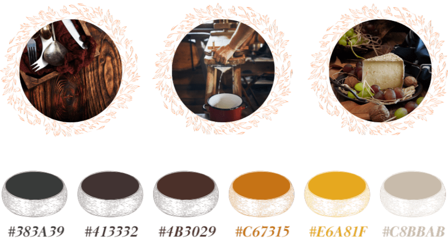 Três fotos de referência da Casa Borato, mostrando queijos, processo de produção do queijo e facas de queijo em uma superfície de madeira, circuladas por elementos gráficos de galhos com folhas em lineart, e uma Paleta de cores da Casa Borato, apresentada em queijos feitos em lineart, com a parte de cima com a cor especifica de cada cor da paleta. Ao todo são 6 cores: cinza-escuro, marrom-escuro, marrom, laranja, amarelo e creme.