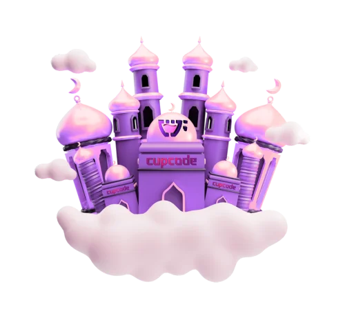 Castelo nas nuvens roxo com a várias torres com seus tetos redondas e a logo da Cupcode na torre principal do meio em 3D, com um escudo redondo em volta do castelo e das nuvens, representando um a blindagem contra os ataques.