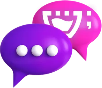 Ícone estilizado de um balão de conversa na cor roxa com três pontos brancos, representando uma interface de chat, com o logo da Cupcode na parte superior direita do balão, tudo sobre um fundo rosa claro com o texto 'por Chat' abaixo.