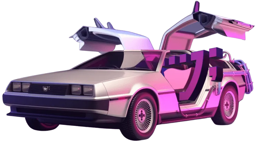 Um carro estilo o Delorean com as portas abertas, no característico estilo de abrir as portas para cima, dentro do carro, saindo do banco de motorista, o logo da Cupcode com o sorriso.