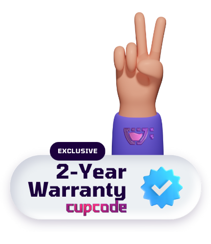 A badge with a blue verified icon, with the words: Exclusive: Two years warranty - Cupcode, above the badge a hand making the Peace and Love sign, on the purple shirt sleeve, there is a Cupcode logo.
