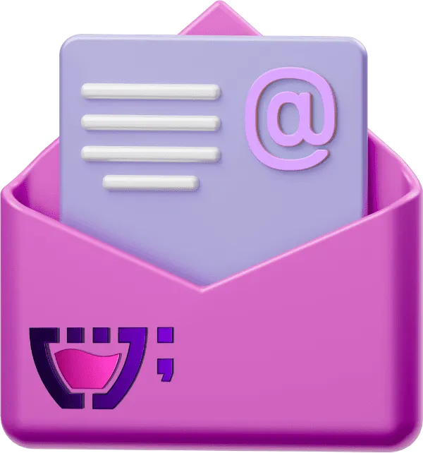 Ícone de um envelope roxo com um documento contendo o símbolo de arroba, simbolizando o e-mail. O logo da Cupcode aparece na parte inferior do envelope. O ícone está sobre um fundo rosa claro com o texto 'por e-mail' ao pé. 
