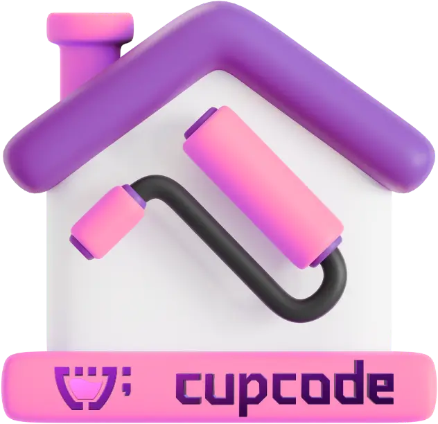 Uma casa em 3D com teto roxo e paredes branca. Uma chaminé e uma basecor de rosa, com um rolo de tinta rosa. Na base o logotipo da Cupcode.