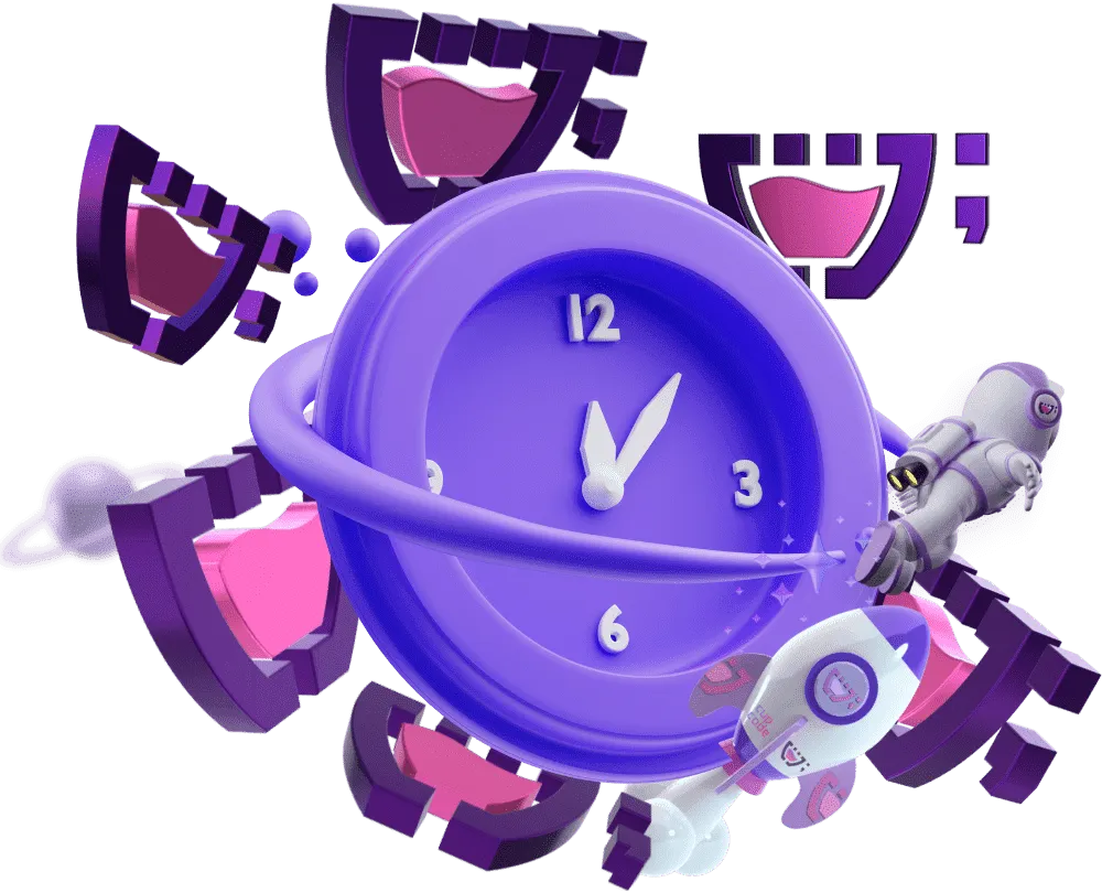 Animação 3D de um relógio roxo com um astronauta da Cupcode voando ao redor dele e deixando um rasto roxo, uma nave espacial da Cupcode voando logo a baixo e vários logotipos da Cupcode em diferentes posições circulam o relógio.