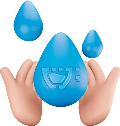 Uma mão com uma gota de agua no centro com a logo da cupcode acima