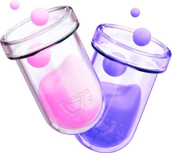 Dois tubos de ensaio de vidro com líquidos, o da esquerda com líquido rosa e o da direita com liquido roxo. no vidro de cada tubo, o logotipo da Cupcode. animação 3D.
