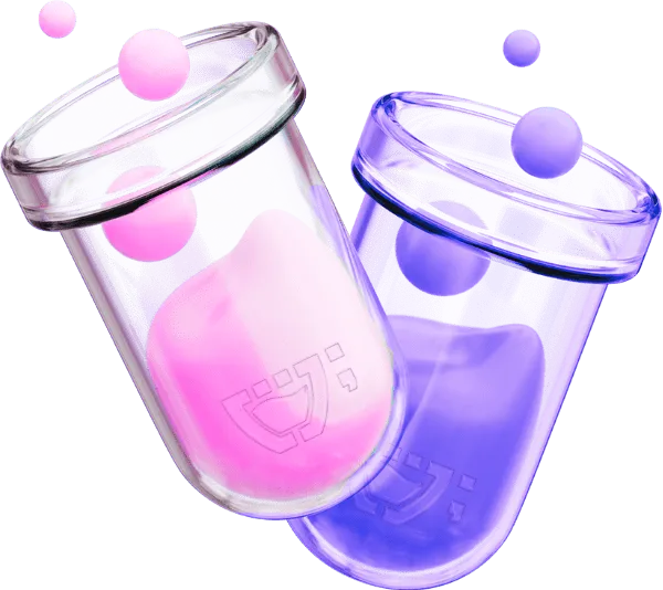 Dois tubos de ensaio de vidro com líquidos, o da esquerda com líquido rosa e o da direita com líquido roxo. No vidro de cada tubo, o logotipo da Cupcode. Animação 3D.