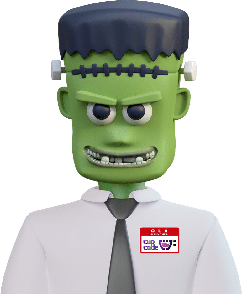 Ícone 'Meu Cliente Personanstein' da Cupcode: um personagem estilizado como Dr. Frankenstein em 3D, com pele verde, cicatriz de sutura na testa, dentes de ferro e parafuso na têmpora, vestindo um terno branco e portando um crachá da Cupcode. Representa a análise e combinação de características dos clientes, como comportamento e necessidades, para desenvolver a estratégia ideal.