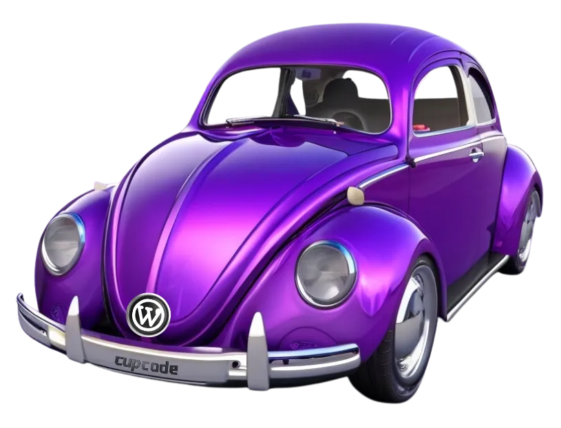 Um carro com estilo do fusca, todo roxo metalizado, com faróis que acendem em uma animação. na frente do capô, tem o logotipo da Cupcode.