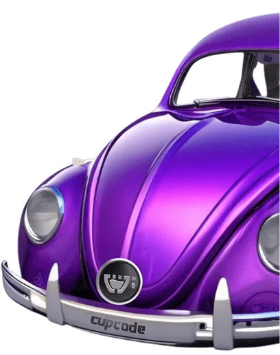 Um carro com estilo do fusca, todo roxo metalizado, com faróis que acendem em uma animação. na frente do capô, tem o logotipo da Cupcode.