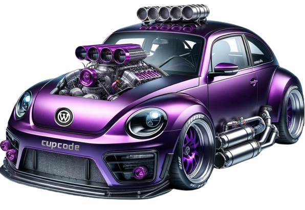 O fusca roxo da Cupcode, só que dessa vez ele está com um motor externo saindo do capô, com lanternas no topo e escapamentos de nitro do lado, há um novo para-choque, maior indo até o chão, bem mais esportivo e literalmente tunado. Representando o que a Cupcode faz com o WordPress, melhorando, dando mais robustez e performance.