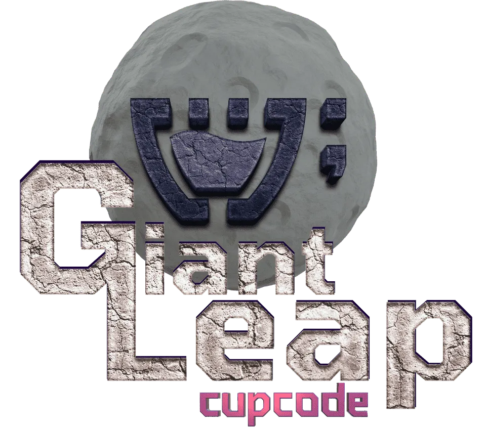 Logotipo do GiantLeap da Cupcode. Uma lua 3D atrás com o Cupzinho, e os dizeres na frente: GiantLeap com textura de solo lunar craquelado. em baixo o logotipo da Cupcode.