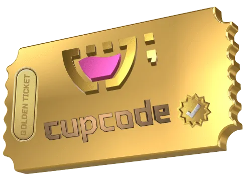 Bilhete dourado em 3D com o logotipo da Cupcode nele. Um símbolo de autêntico em ouro do lado e do outro lado os dizeres: 'Golden Ticket'. Representando o convite para entrar na fantástica fábrica de ideias digitais.