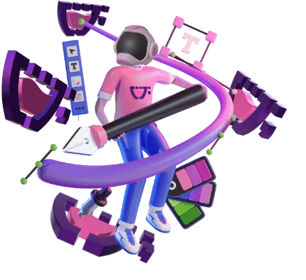 Um astronauta com uma ferramenta de desenho digital na mão, desenhando uma linha de vetor que começa rosa e termina roxa. Uma palheta de cores e ferramentas de edição estão flutuando ao redor dele, que também está flutuando, junto com vários Cupzinhos ao redor. Representando a imersão ao universo do designer gráfico da Cupcode.