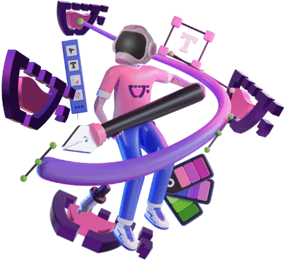 Um astronauta com uma ferramenta de desenho digital na mão, desenhando uma linha vetorial que começa rosa e termina roxa. Uma paleta de cores e ferramentas de edição flutuam ao seu redor, ele também está flutuando, junto com vários Cupzinhos. Representando a imersão no universo do designer gráfico da Cupcode.