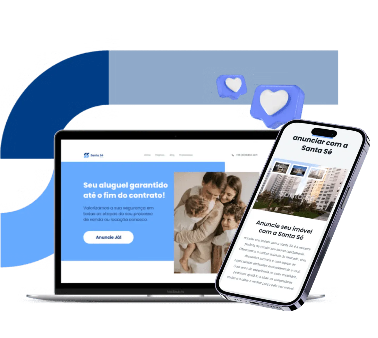 Imagem destacando a adaptabilidade das landing pages da Santa Sé Imóveis para diferentes dispositivos, mostrando um laptop e um smartphone com páginas da web que enfatizam a garantia de aluguel até o fim do contrato. Elementos gráficos como corações e um satélite representando a conectividade e hospedagem de qualidade da Cupcode complementam a composição sobre um fundo azul moderno e atraente.

            
