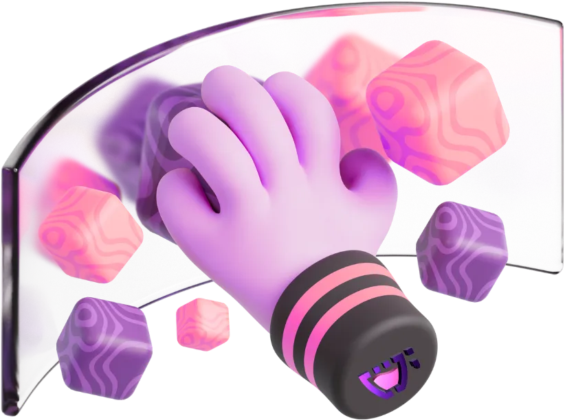 Uma tela de vidro transparente futurística com uma mão controlando vários quadrados iguais a dados com listras irregulares que estão saltando da tela, eles têm cores roxo e rosa, representando um controle fluído de nossos processos de identificação de anomalias e otimização.