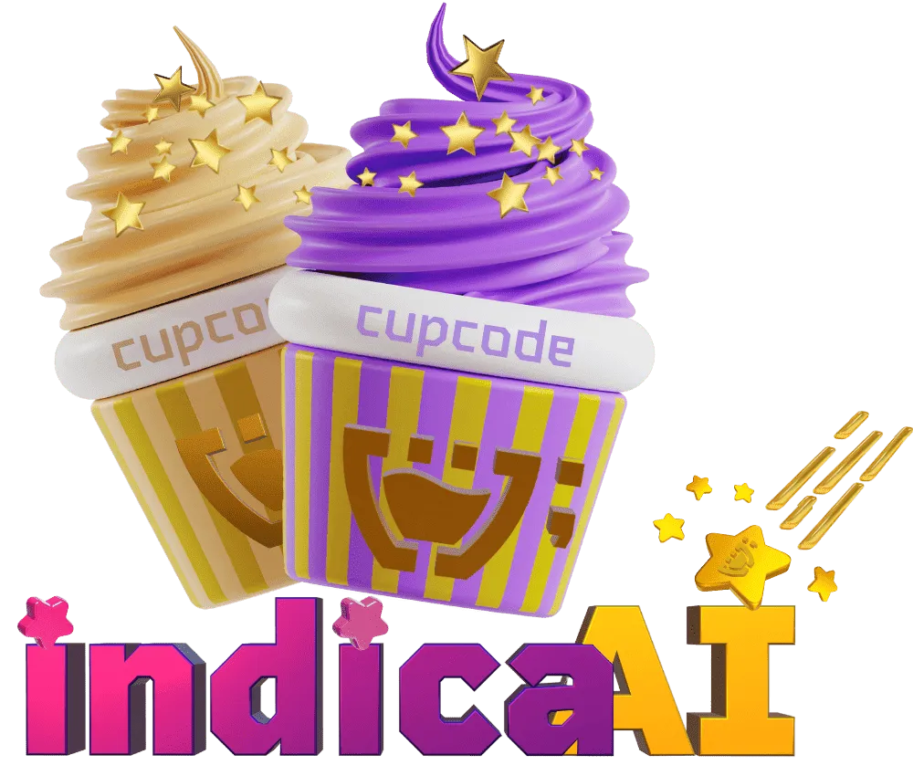 Logotipo do IndicaAí, Programa de Afiliados da Cupcode. Dois Cupcakes um com glacê amarelo e um com glacê roxo, estrelas douradas de confeito e Cupzinho da Cupcode dourado na forminha do cupcake, que possuí listras roxas e amarelas. Em baixo se lê: indicaAí, onde os pingos nos "i" são estrelas e o acento no último "í" é uma estrela-cadente dourada com várias estrelinhas menores ao redor dela e um rasto dourado.