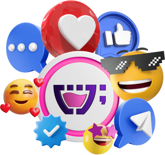 Ícone 'Influencer Digital' da Cupcode: o logotipo da Cupcode cercado por uma variedade de emojis populares, incluindo corações, curtidas, ícone de compartilhamento, rostos felizes e estrelas, representando a influência e o engajamento digital característicos de um verdadeiro influenciador.