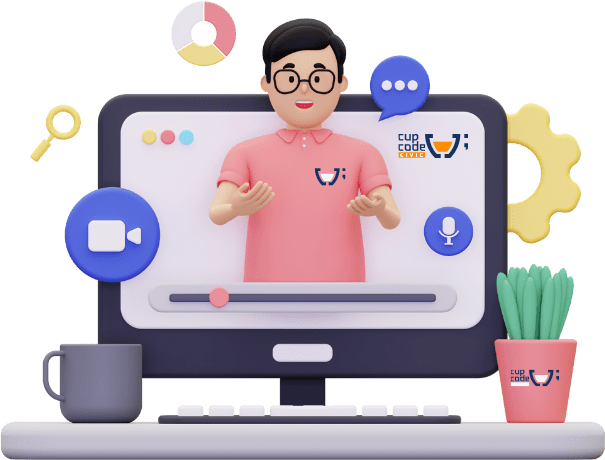 Ilustração 3D de um espaço de trabalho com um monitor exibindo um personagem com o logotipo da Cupcode Civic, cercado por ícones de lupa, engrenagem, CD e conversa. Ao lado, uma xícara e um vaso com canetas, ambos marcados com o logotipo da Cupcode Civic, simbolizam estratégias de 'Marketing de Conteúdo, Informação Relevante e Facilmente Encontrável