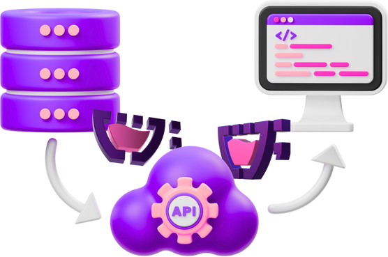 Um servidor e um computador sendo conectados por uma nuvem com uma engrenagem com as letras API, fazendo a ponto entre um e outro. Dois cupzinhos olhando para a nuvem de API.