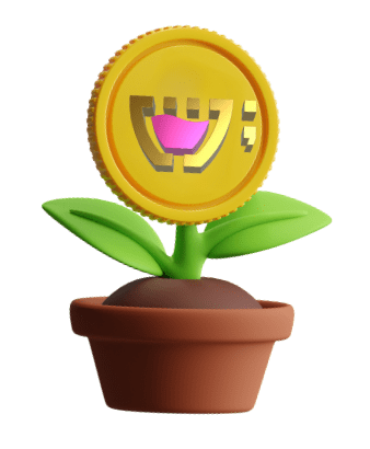 Uma planta com duas folhas verdes em um vaso marrom com terra dentro, no lugar de uma flor, há uma moeda com o logotipo dourado da Cupcode.