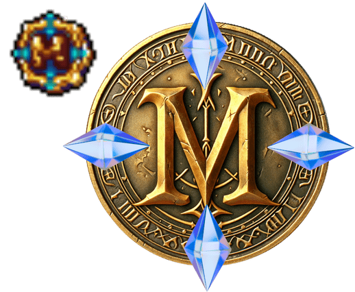 Moeda dourada de ModukOT ladeada por cristais azuis brilhantes, uma representação em alta definição inspirada no design pixelizado original do jogo.

                  