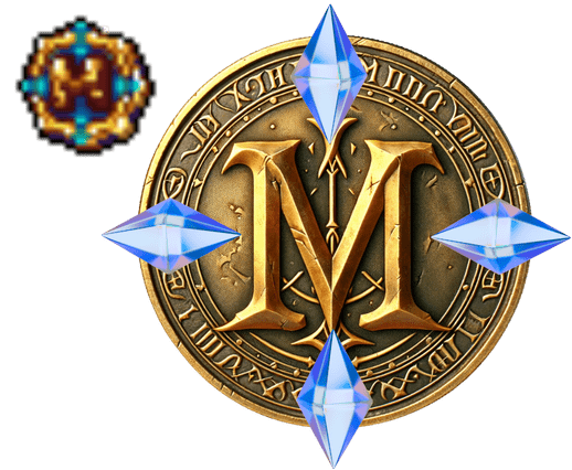 Moeda dourada de ModukOT flanqueada por cristais azuis brilhantes, uma representação de alta definição inspirada no design pixelado original do jogo.