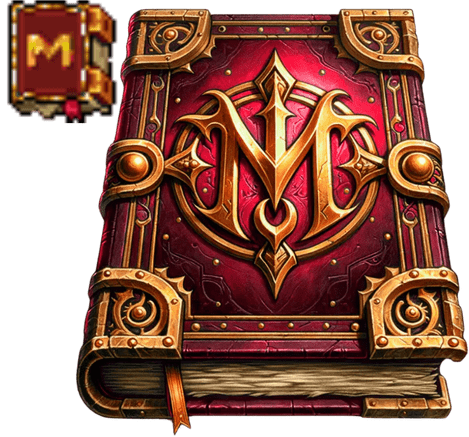Arte em alta fidelidade de um livro mágico vermelho do jogo ModukOT, apresentando ornamentos em dourado e um emblema 'M' central, inspirado na versão original em pixel art.

                  