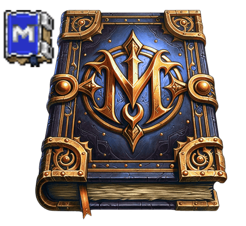 Item do jogo ModukOT, um livro encantado com capa azul e detalhes em bronze, exibindo um intrincado monograma 'M', recriado com gráficos detalhados de alta fidelidade a partir da arte original em pixel.

                  