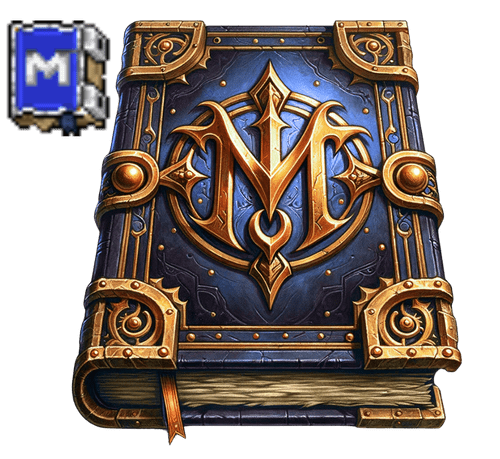 Item do jogo ModukOT, um livro encantado com capa azul e detalhes em bronze, exibindo um intrincado monograma 'M', recriado com gráficos detalhados de alta fidelidade a partir da arte original em pixel.
            